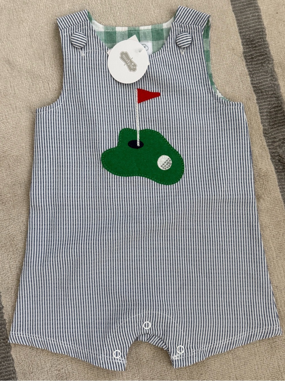 Mud Pie Blue Seersucker Golf Appliqué Jon Jon 6-9 Months NWT